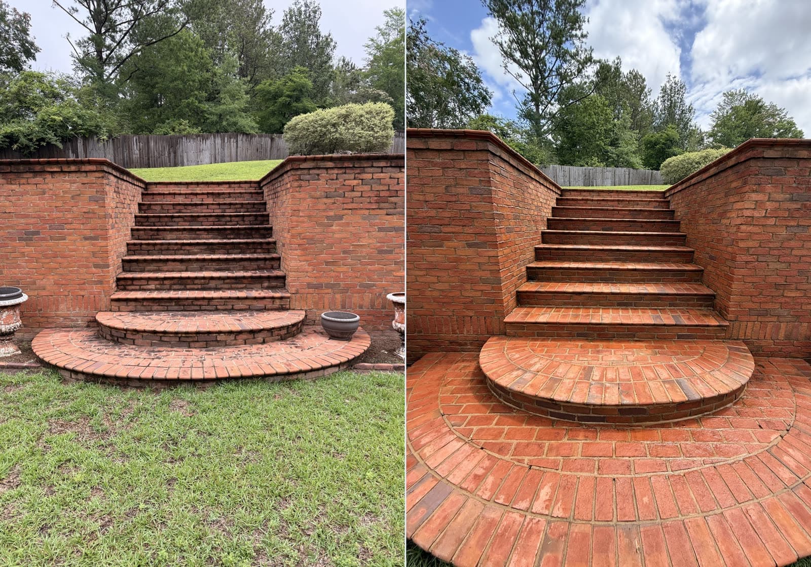 Before and after pressure washing a brick paver patio and steps by Team Clean in the Columbus GA area