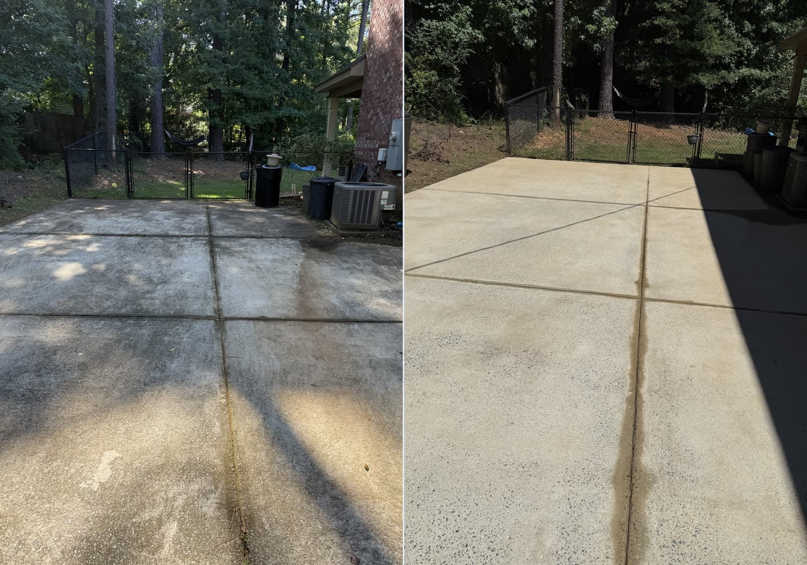 Before and after pressure washing a concrete back patio by Team Clean in the Columbus GA area