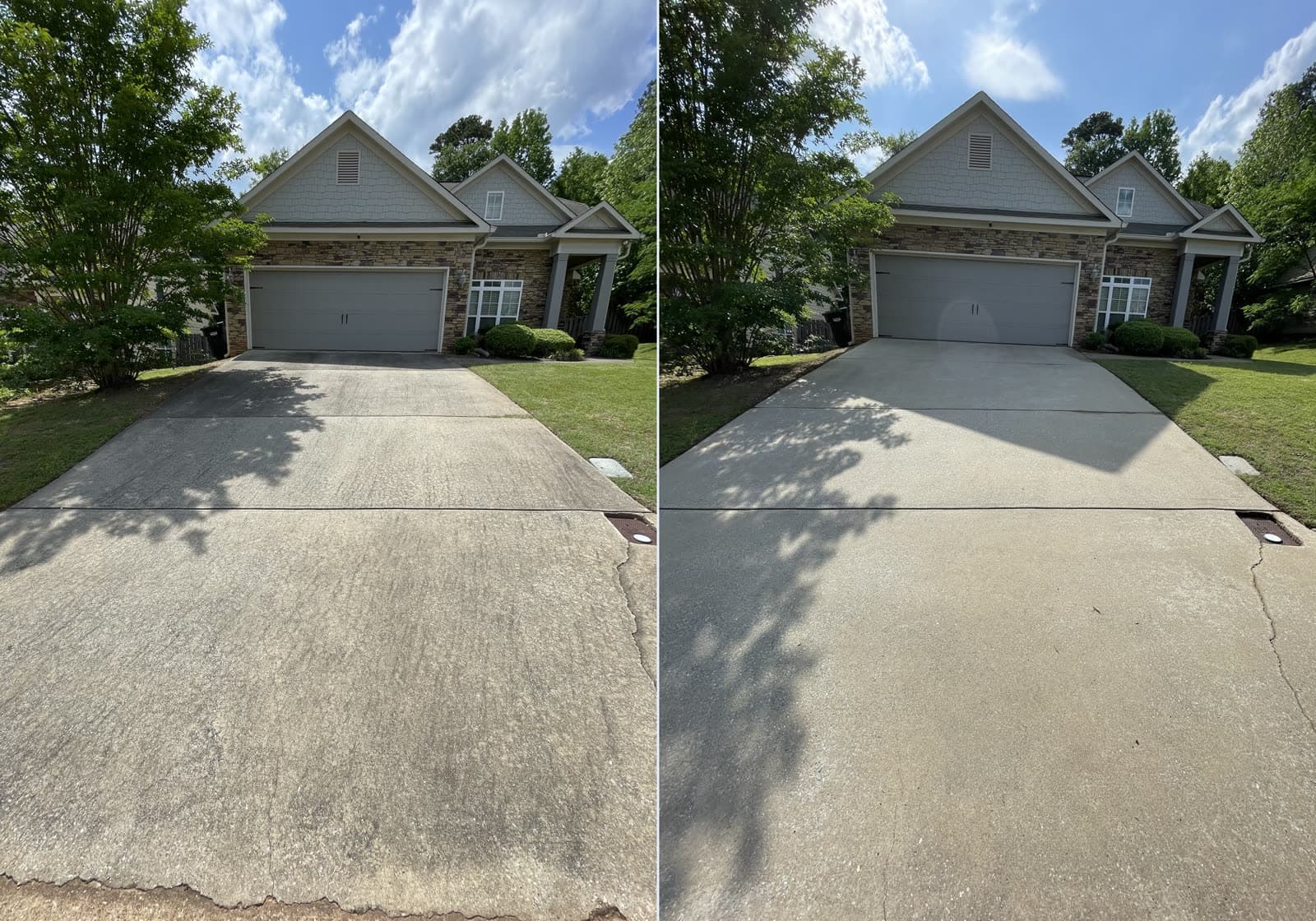 Before and after pressure washing a concrete driveway by Team Clean in the Columbus GA area