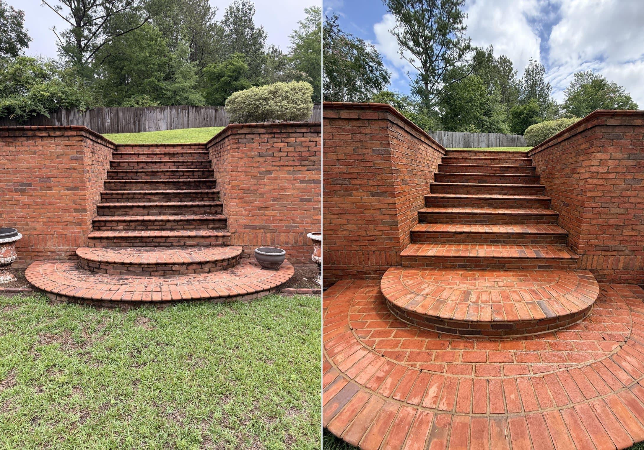 Before and after pressure washing a brick paver patio and steps by Team Clean in the Columbus GA area